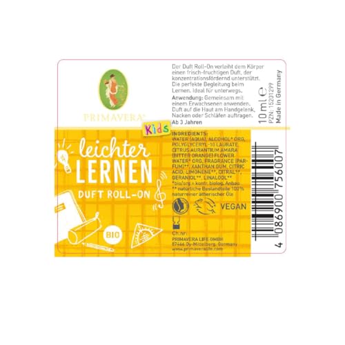 PRIMAVERA Kids Leichter lernen Duft Roll-On bio 10 ml - Zitrone, Grapefruit und Orange - Aromaöl, Duftöl, Aromatherapie für unterwegs - konzentrationsfördernd, motivierend - vegan