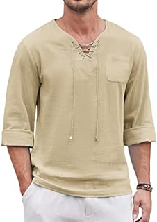 COOFANDY Men's Linen Tee Shirts Long Sleeve Casual Beach V-Neck Hippie Shirts