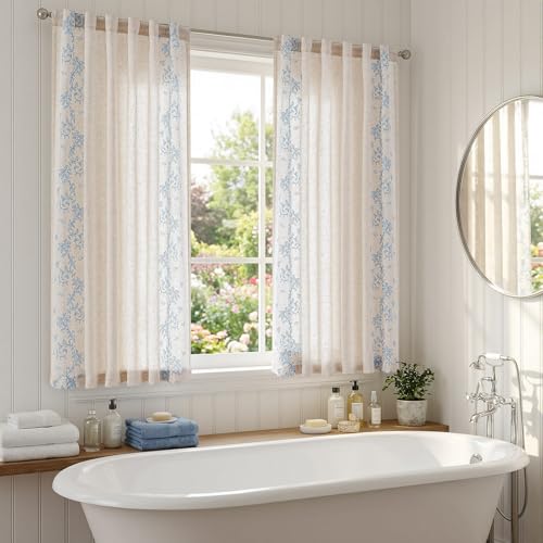 Image of jinchan Floral Linen Curtains, Back Tab 50x63 Inch, 2 Panels Blue