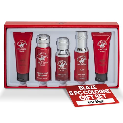 Beverly Hills Polo Club Blaze Men's 5-Piece Luxury Cologne Gift Set - Long-Lasting Spicy Woodsy Fresh Eau de Toilette Fragrance Collection for Him