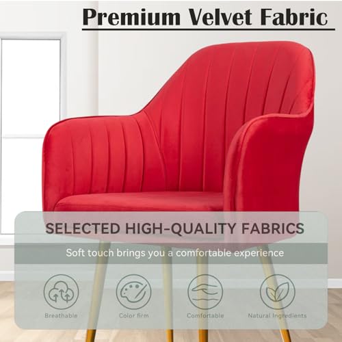 Image of Velvet Accent Chair | Luxury Upholstered Armchair with Sturdy Metal Legs | Modern Comfortable Chair for Living Room, Bedroom, Office, or Cafe (Golden Legs, Red Set of 2)