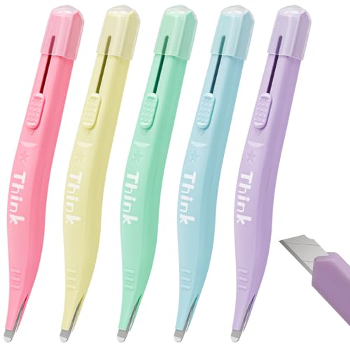 THINKLEARN 2-in-1 Staple Remover Tool and Box Cutter, Auto-Retractable Utility Knife with Staple Puller Remover Tool for Office, School, Teacher Supplies, Pastel Colors, 5 Pack