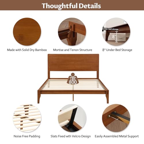 Queen Size Bamboo Platform Bed Frame with Tall Headboard, Brown