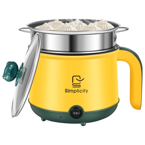 Electric Hot Pot 1.8L Mini Electric Cooking Pot with Steam Rack & Handle, 2 Gear Non-Stick Rapid Ramen Noodles Cooker, Electric Skillet for Noodles/Pasta/Egg/Soup/Oatmeal/Steak(Yellow (double layer))