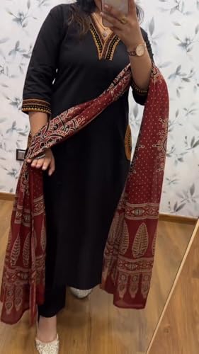 Image of GoSriKi Women's Rayon Viscose Straight Embroidered Kurta with Pant and Dupatta | V-Neck Kurti Set | 3 /4 Length Regular Sleeves | Soft Comfortable Fabric | 3 Piece Outfit