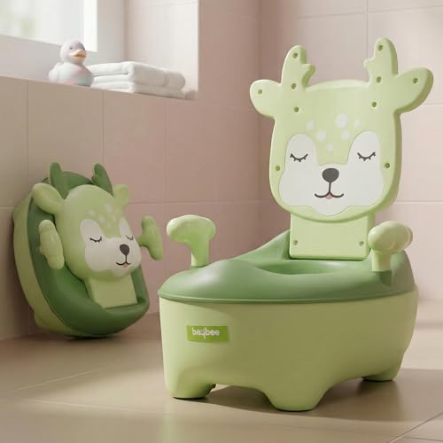Image of Baybee Deer Baby Potty Seat for Kids 2 to 5 Years with Back Support | Foldable Toilet Seat with Removable Drawer & Cleaning Brush | Premium Potty Training seat | Kids Toilet Chair Boys Girls (Green)