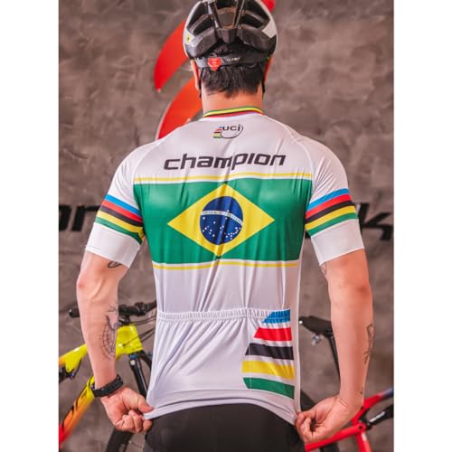 Camisa de Ciclismo Masculina Manga Curta Way Premium Champion Brasil Branca Proteção UV Slim Confort