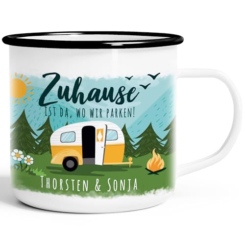 SpecialMe® Emailletasse personalisiert mit Namen Zuhause ist da wo wir parken Wohnwagen Camping Geschenke Emaille-weiss-schwarz standard