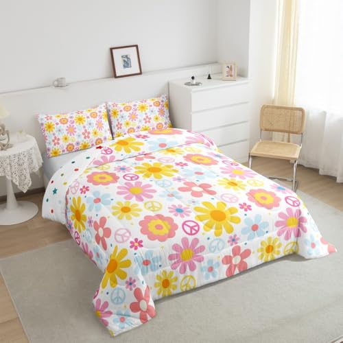 Image of Groovy Flower Bedding Set for Kids Boys Girls Retro Floral Boho Comforter Set Toddler Size Psychedelic Floral Duvet Quilt Bedroom Decor Breathable Soft Lightweight Microfiber Nature Theme 2Pcs