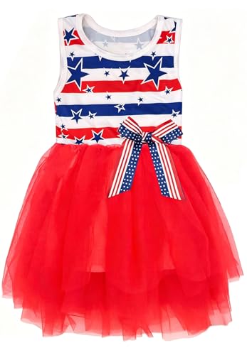Niyage Little Girls Sleeveless Star Stripes Princess Dress Tulle Tutu Sundress Toddler 4th of July Independence Day American Flag Patriotic Outfits Red 110