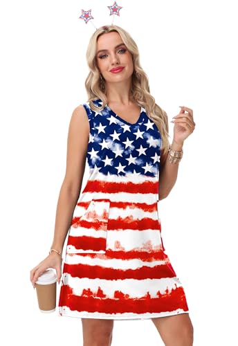 Image of Deerose Womens July 4th Sleeveless Dress American Flag Swim Cover Up Dress with Pockets