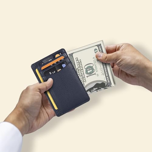 Image of Oak Leathers Leather Slim Minimalist Wallet for Men & Women RFID Front Pocket Leather Card Holder Wallets (Nappa Navy)