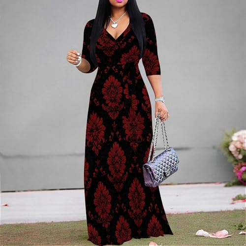 Image of Women's V Neck Floral Maxi Dress 3 /4 Sleeve Plus Size Boho Wrap Flowy Long Dresses with Belt