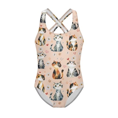 Kids Kawaii Bathing Suit One Piece Criss Cross Back Swimsuits for Girls Aged 5-14