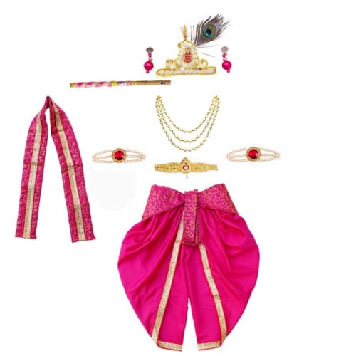 Image of ITSMYCOSTUME Krishna Dress for Baby Boy Kids Set of 10(Dhoti,Hip Cover,Patka,Mukut,Morpankh,Bansuri,Kamarband,Bajuband,Kundal) Little Krishna Ji Kanha Janmasthmi Costume