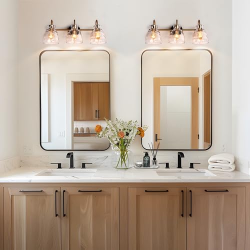 Image of KSANA Modern Bathroom Light Fixtures, Vintage 3 Light Vanity Lights Over Mirror Black and Electroplated Brass Bathroom Vanity Light with Water Ripple Glass, 23 inch W