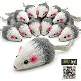 Smokey's Stash Gray and White Faux Fur Cat Mice Toy 12 Per Pack Multi Color Realistic Interactive Small Mouse with Rattle and Catnip Safe for Adult Cats and Kittens