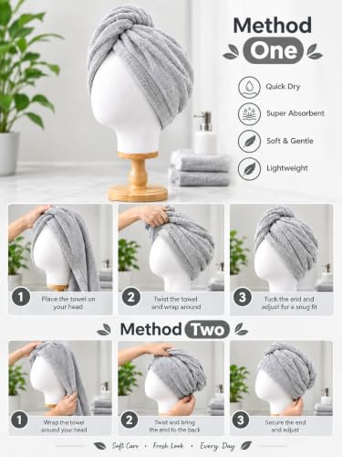 Image of Hair Towel Wrap for Women-Quick Drying Microfiber Towel for Hair with Elastic Loop for Tying-Super Absorbent Head Towels Wrap for Ladies Hair Turban (Pack of 1,Grey)