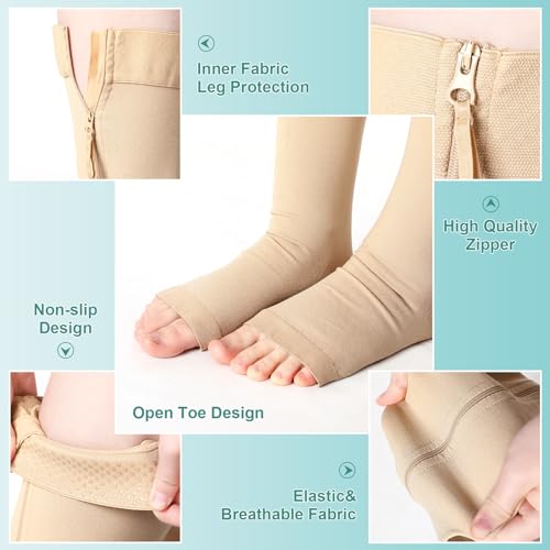 Image of 2 Pairs Open Toe Thigh High Zipper Compression Socks 20-30 Mmhg Zipper Compression Stockings Thigh High for Women Men