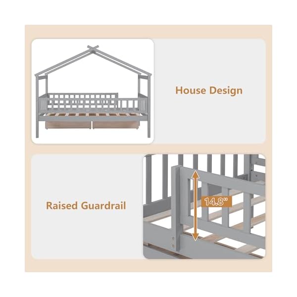   Twin-Bed-Frame-for-Kids-Wood-House-Bed-with-2-Drawers-Montessori-Platform-Bed-with-Roof-and-Fence-for-Boys-Girls-Gray-795L-x-418W-x-629H
