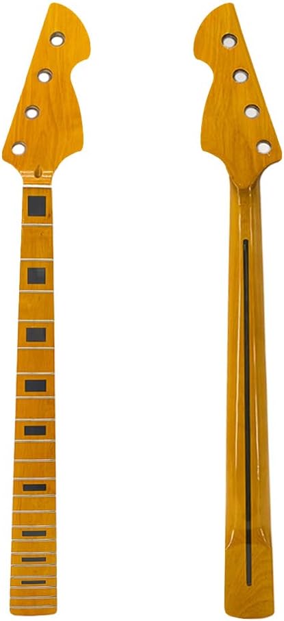Replacement Bass Guitar Neck no overhang - 34 inch Scale, 20 Fret, Maple with Rosewood Fretboard with binding, 42mm Nut, Block Inlays, Yellow Gloss Finish