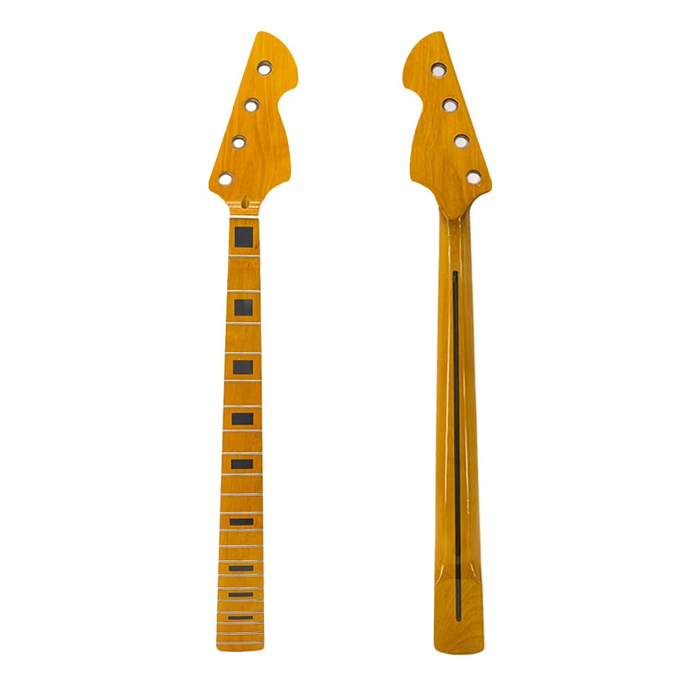 Bassgitarren-Hals-Ersatz – 86,4 cm Skala, 21 Bünde, Ahorn-Griffbrett mit 38 mm Sattelbreite, Blockeinlagen, gelbe glänzende Oberfläche