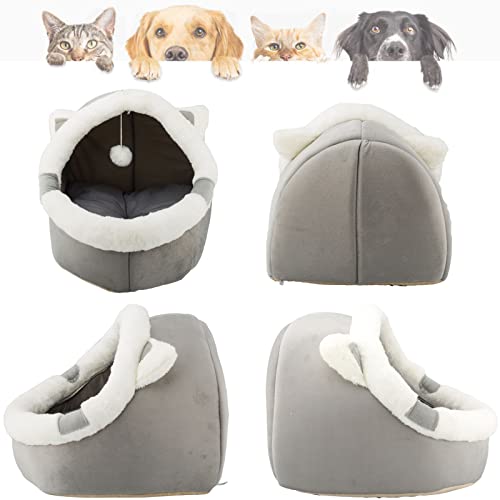 Katzenbetten für den Innenbereich mit hängendem Spielzeug, kleines Hundehöhlenbett mit Anti-Rutsch, Kätzchen-Zelt, abnehmbares gepolstertes Kissen, superweiche