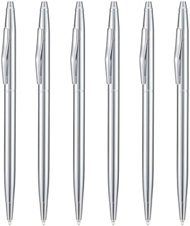6 Pieces Wikult Silver Slim Metal Ballpoint Pen, 1mm Medium Point Black Ink Smooth Writing, for Business Office Teacher Student Wedding Guest