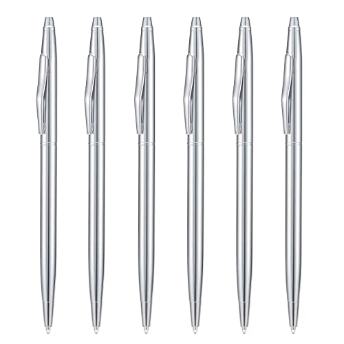 6 Pieces Wikult Silver Slim Metal Ballpoint Pen 1mm Medium Point Black Ink Smooth Writing for Business Office Teacher Student Wedding Guest