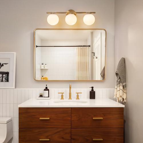 Image of 24 inch Brass Vanity Light, 3-Light Modern Gold Bathroom Lighting Fixtures Over Mirror with Knurled Texture Milk Glass Globe Wall Sconce