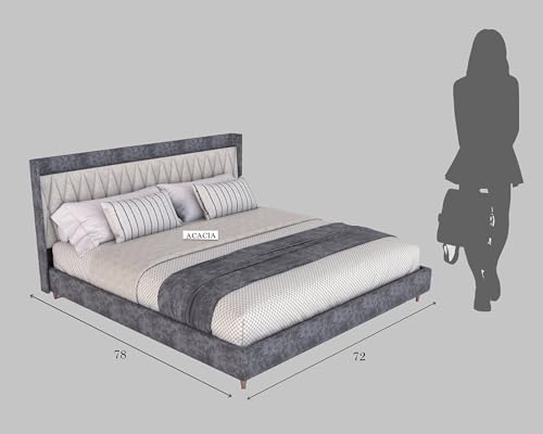 Image of Acacia Modern Upholstered King Size Bed for Bedroom | Wooden Double Bed | Platform Cot Bed with Upholstery Premium Fabric | 6.5 x 6 Ft | Sheesham Solid Wood, Rosewood, Greydust