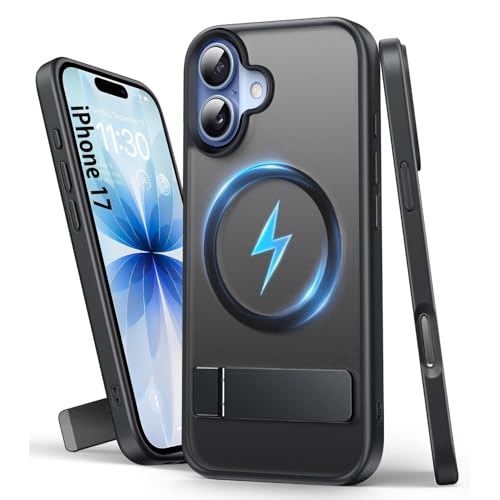 Image of Elzzi Translucent Matte Kickstand Compatible with Mag-Safe Case for iPhone 17, Built-in Adjustable Camera Stand, Magnetic Mag-Safe Shockproof Phone Cover (Black)
