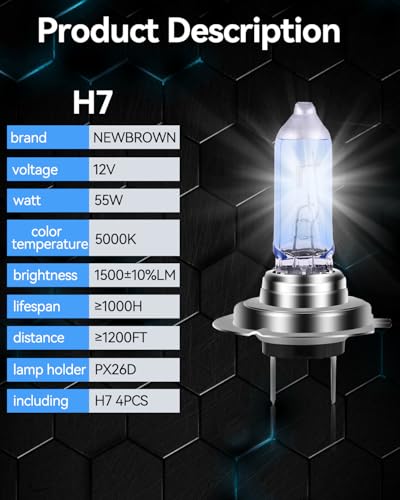Image of NEWBROWN H7 Headlight Bulb H7 Halogen Headlight Bulb 5000K Super White Light Long Life Replacement PX26D 12V /55W (H7, 4 Pack)