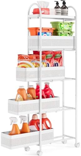 KINGRACK 5-Tier Slim Storage Cart with Pull Out Basket, Rolling B...
