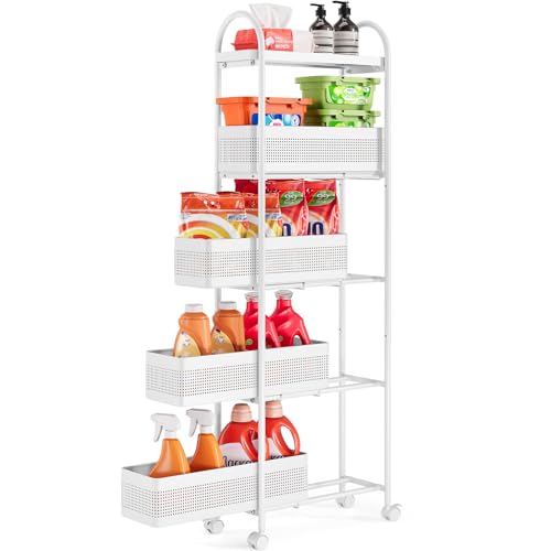 KINGRACK 5-Tier Slim Storage Cart with Pull Out Basket, Rolling