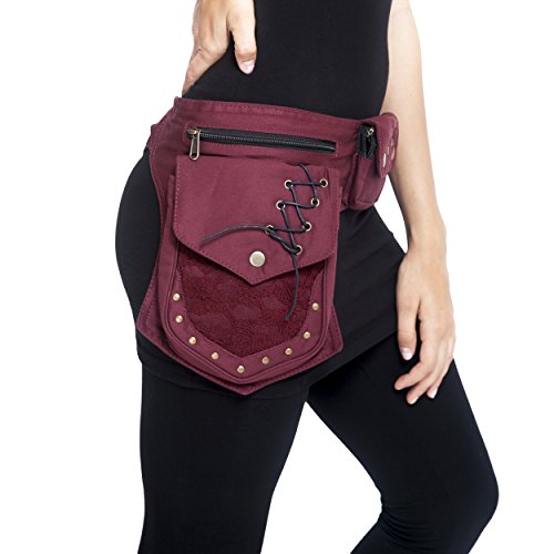 Renaissance Faire Festival Lace Fannypack Waistbag Cotton Utility Hip Belt-Maroon-One Size #TOP1