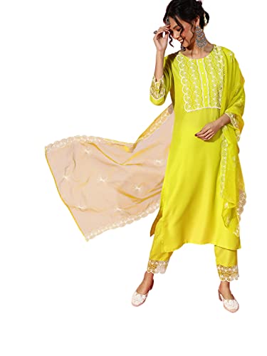 Image of INDO ERA Women's Silk Blend Floral Embroidered Straight Kurta with Pant & Dupatta Set (21DDD8446 Olive)