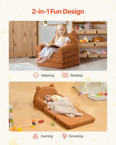 VEVOR Kindersofa Kindersessel aus 28D-Schwamm & Teddyplüschstoff mit Armlehnen, 2 in 1 Kindersofa Kindercouch umwandelbares Schlafsofa zum Lesen oder Spielen Braun M (Maß) Spielzimmer Wohnzimmer