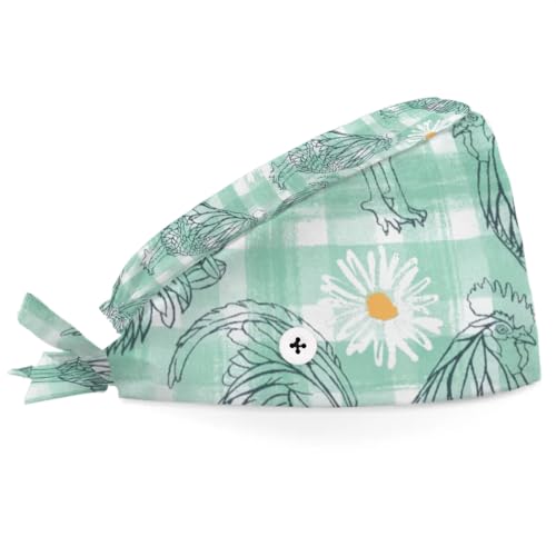 Mularoka Hand Painted Rooster Chrysanthemum Working Caps with Button Sweatband Comfortable Adjustable Bouffant Hats Work Hat for Women Men