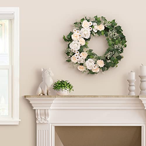 30" Artificial Rose,Camellia,Babysbreath Floral Spring Wreath With Green Leaves #TOP2