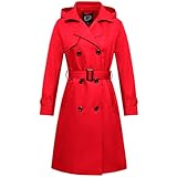 Garemcy Women's Long Waterproof Trench Coat Double Breasted Classic Lapel Coat Belted with Detachable Hood Red 3X-Large