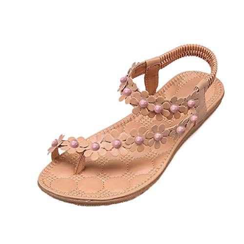 Summer Sandals For Women 2020,Women's T-Strap Beaded Flower Rhinestone Flat Sandals Dress Beach Shoes #TOP3