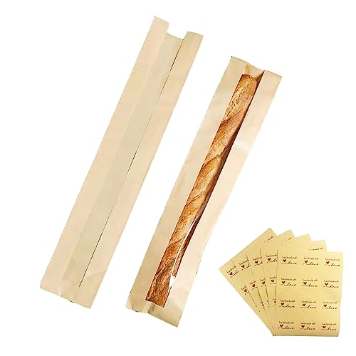 Bewinnd 100 Pack Baguette Bags Kraft Paper Bread Bags for Homemade Bread Long French Bread Bags with Clear Front Window(23.5 x 4.3 x 1.6 Inch)