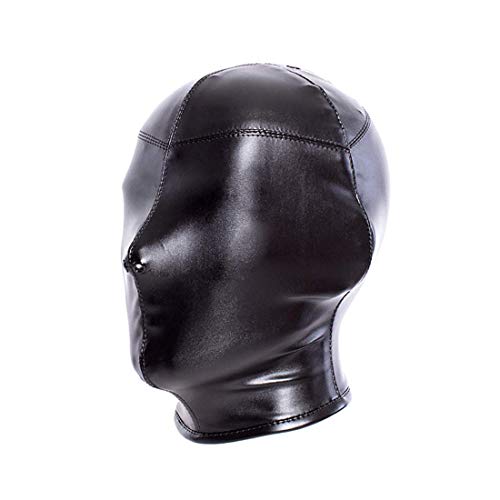 Leather Full Face Mask Adult Sex Bondage Hood Breathable Mask Restraint Masquerade Mask Fetish Head Hood (Head < 64Cm, Black) #TOP1