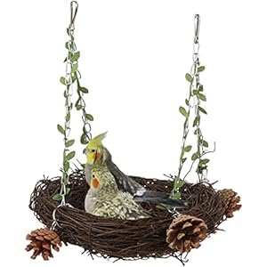 WACURRENTHYD Natural Rattan Nest Small Medium Large Bird Swing for Parrot Parakeet Cockatiel Conure Cockatoo Macaw Amazon African Grey Lovebird Finch Canary Budgie Cage Perch Toy (Small)