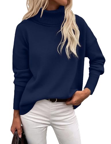 Zeagoo Women's Turtleneck Sweater 2025 Fall Winter Chunky Knitted Pullover High Low Hem Trendy Basic Jumper Top Navy Blue