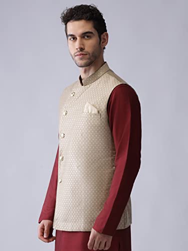 Image of KISAH Men's Cream Jacquard Silk Blend Nehru Jacket- Traditional Indian Waistcoat for Weddings & Royal Parties