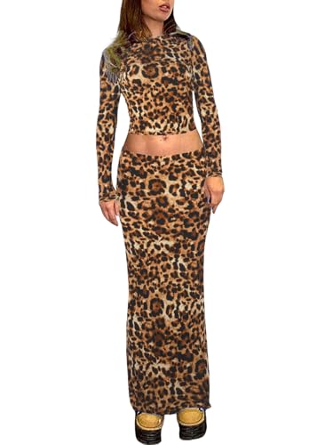 Two Piece Skirt Set for Women 2 PC Y2K Outfits Long Sleeve Tshirts Tops Bodycon High Waist Maxi Skirts4