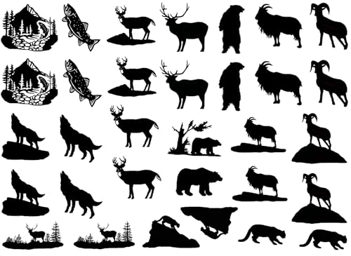 Trout Deer Elk Bear Ram 32 pcs 1 Inch Black Fused Glass Decals