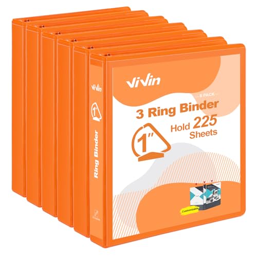 ViVin Sturdy 1 Inch D Ring Binders 3 Ring Binders with 2 Pockets Hold 225 Sheets of US Letter Size Paper for Office Home School 6 Pack (Orange)